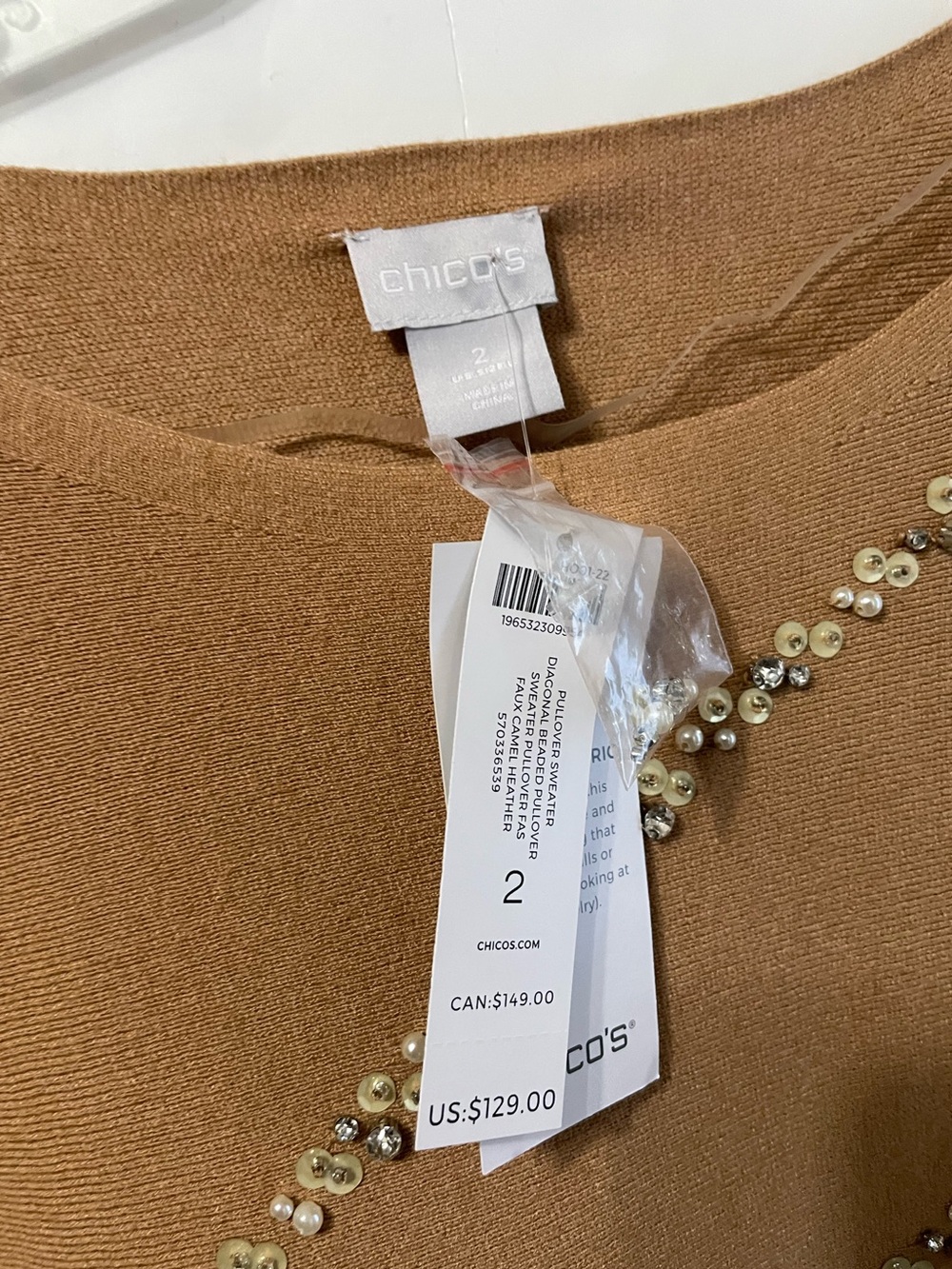 Chico's Beige Diagonal Beaded Embellished Soft Pullover Sweater Top Sz 2/L - Picture 3 of 16